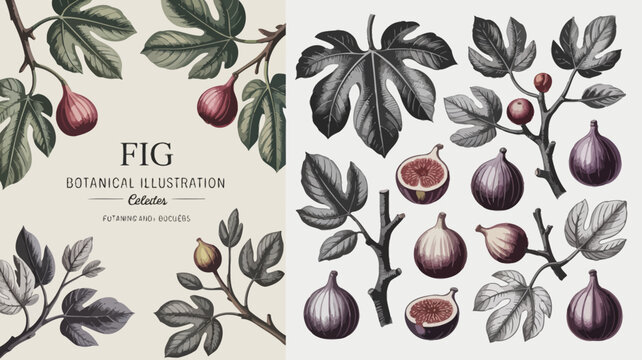 Fig botanical illustration showcases detailed depictions of the fruit leaves and stems in a vintage style figs ficus fruits retro