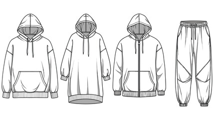 Various hoodie styles and comfortable sweatpants vector clothing lineup. © abedin