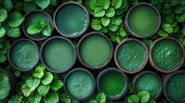 Fresh Green Matcha Tea Bowls in Nature
