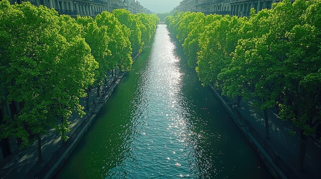 Scenic Canal Lined with Lush Green Trees in Paris
