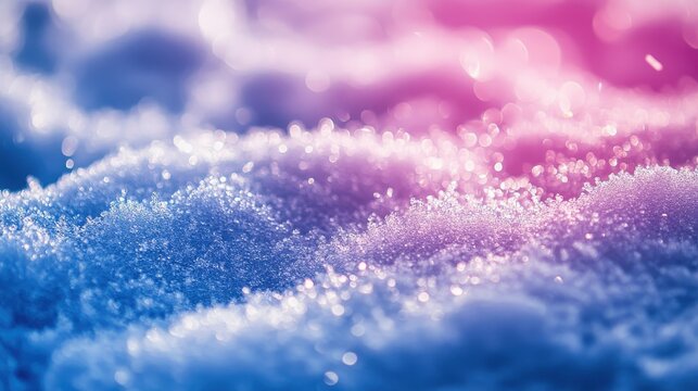 Close-up of glistening snow and frost with soft pink and blue light, creating a dreamy winter wonderland texture.