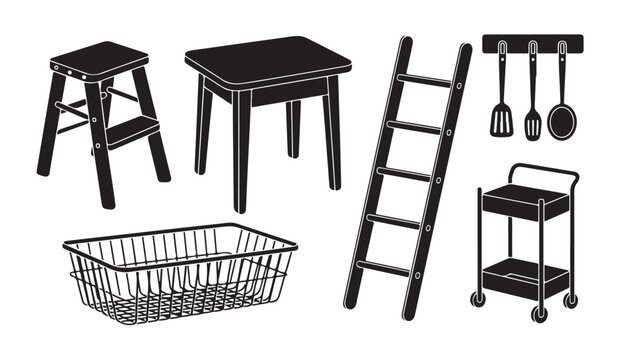 Household items black glyph icons set. Step stool, table, basket, ladder, service cart vector.