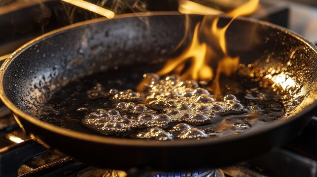 Close-up macro view of blisters forming from a grease burn in a hot kitchen pan with flames rising.