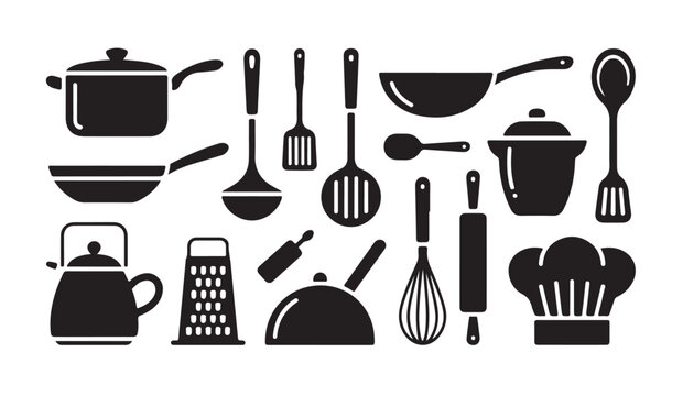 Cooking utensils and kitchen equipment. Pots, pans, grater, whisk, rolling pin, chef hat vector.