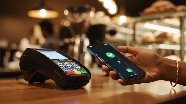 indian customer making contactless payment with smartphone via pos terminal in cafe. mobile phone nfc technology for wireless transaction. retail business, banking concept.