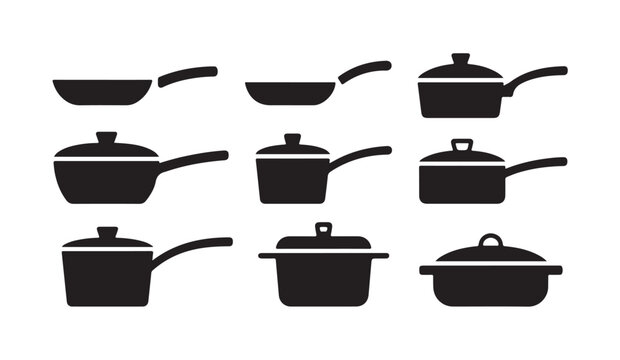 Cooking pots and pans set. Kitchen cookware collection. Frying pans, saucepans, stockpots vector.