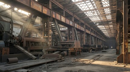 Naklejka premium Abandoned industrial factory interior with metal structures and sunlight