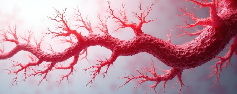 Red branching blood vessel system, intricate capillaries spread from thick trunk. Healthy circulation detail, life internal network. Organic cellular structure, science medical concept background.