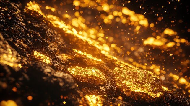 Close-up view of brilliant gold particles and textured surface with dynamic lighting, representing wealth and luxury