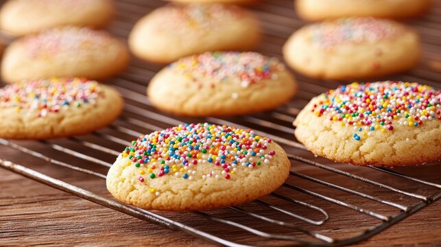Delicious Christmas cookies with colorful sprinkles cooling on a wire rack, showcasing festive holiday baking.