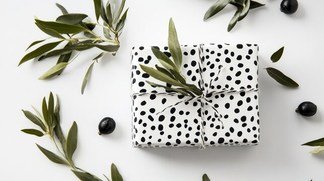 Elegant Christmas Gift Wrapped in Polka Dot Paper with Natural Greenery and Olive Berry Accent