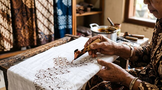 Close-up of an Indonesian artist's hands using a traditional canting tool to draw intricate wax patterns on fabric for batik making