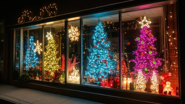 Enchanting Christmas Window Displays Illuminated with Vibrant Holiday Lights and Festive Decorations