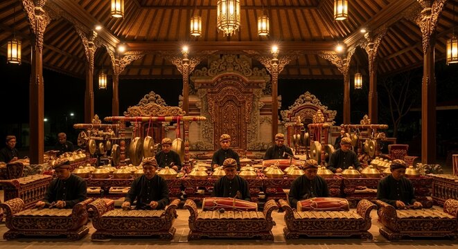 Traditional Indonesian Gamelan Orchestra Performing Music in a Beautifully Lit Javanese Wooden Pavilion at Night