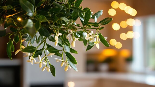 Delicate mistletoe sprigs with tiny white flowers hanging in a softly lit doorway, evoking holiday tradition and festive cheer.