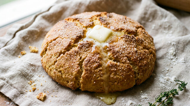 Freshly baked whole grain bread loaf with butter melting on top on linen cloth close-up