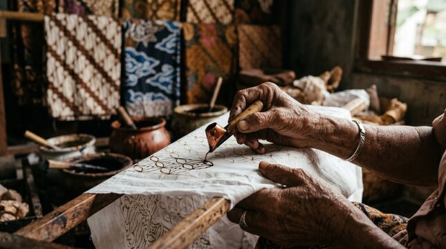 Documentary photograph of hands drawing traditional Indonesian batik pattern on fabric