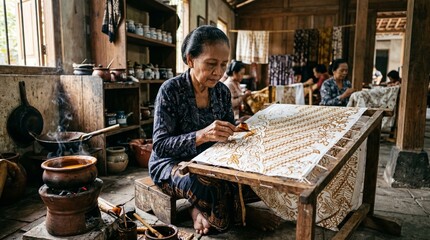 Fototapeta premium Elderly Indonesian Artisan Carefully Creating Traditional Batik Fabric Patterns in a Rustic Workshop Setting