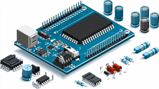 Close-up of a blue microcontroller circuit board with electronic components and colorful capacitors