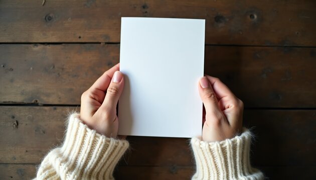 Woman holds blank white card. Cozy winter sweater warms her arms. Rustic wood table surface below. For messages invitations or creative designs.
