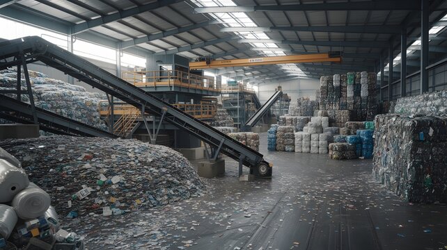 Industrial Recycling Facility with Conveyor Belts and Baled Waste Containers