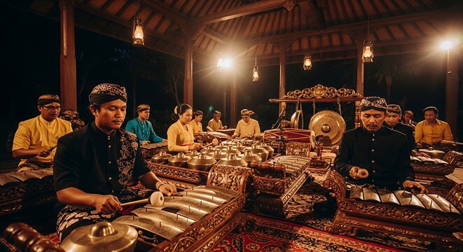 Traditional Javanese Gamelan Ensemble Performing Cultural Music in an Open Wooden Pavilion at Night