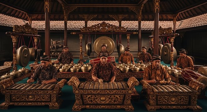 Traditional Indonesian gamelan players in batik attire striking bronze metallophone instruments during a cultural musical performance