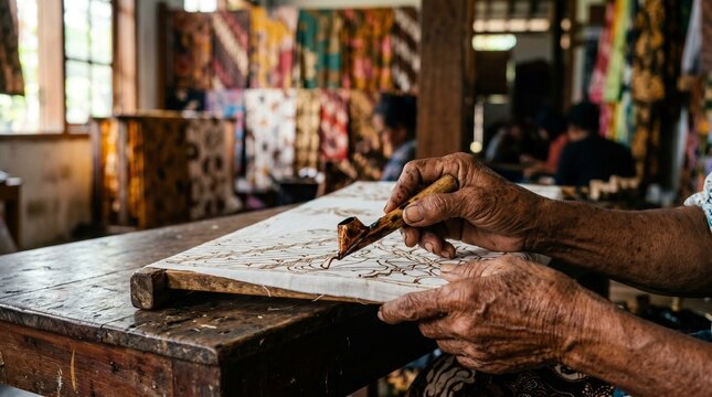 Close-Up of Indonesian Artisan Painting Traditional Batik Pattern on Fabric in Workshop