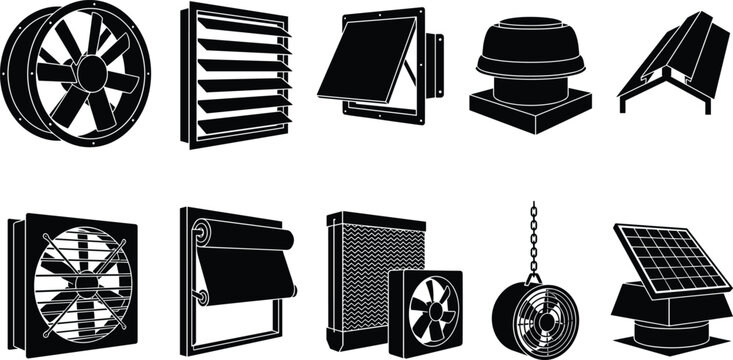 Collection of HVAC and ventilation silhouettes featuring fans, vents, grilles, solar panels, and gauges
