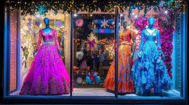 Festive Holiday Window Displays Featuring Elegant Mannequins in Sparkling Gowns