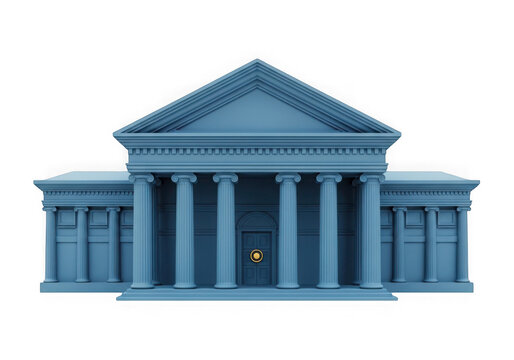 Blue neoclassical building with columns and pediment isolated on transparent background