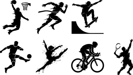 Fototapeta premium Action Sport Athlete Silhouettes Collection Featuring Basketball, Running, Skateboarding, Soccer, Gymnastics, Cycling, and Tennis Icons for Graphic Design
