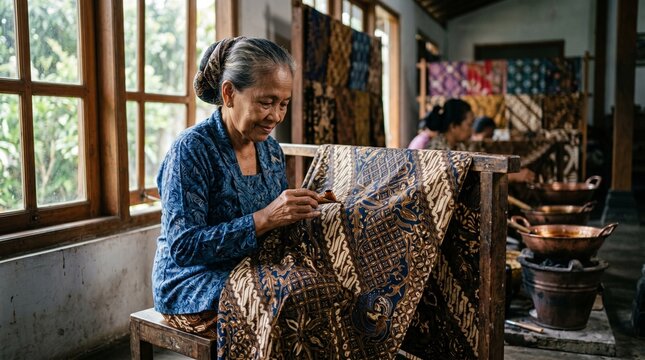 Skilled Indonesian Artisan Carefully Hand-Drawing Traditional Batik Patterns on Fabric in a Workshop