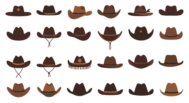 Large variety of classic cowboy hats in different shades of brown and styles shown in a multi-row grid layout.