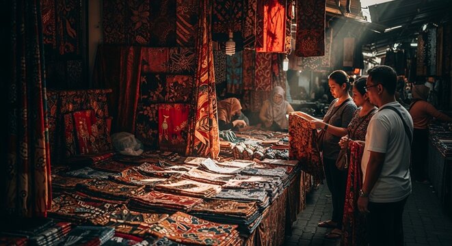 Vibrant textile market stall in Southeast Asia, showcasing traditional fabrics and local shoppers