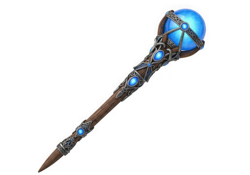 Blue and black fantasy magic staff with glowing crystal tip isolated on transparent background