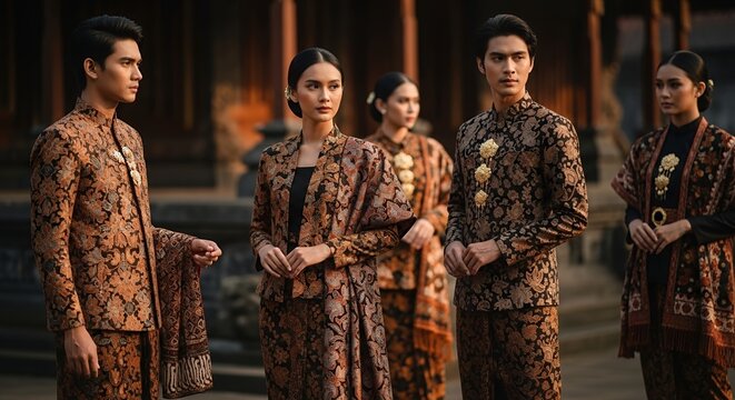 Group of people in elegant traditional Indonesian batik clothing standing in a cultural setting