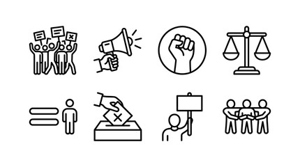 Fototapeta premium Collection of vector graphic illustrations representing protest, voting, justice, equality, and activism