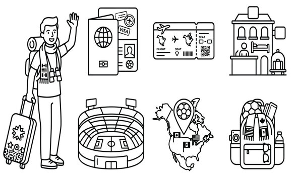 Vector graphic illustration set of a traveler visiting soccer stadiums in north america for sport