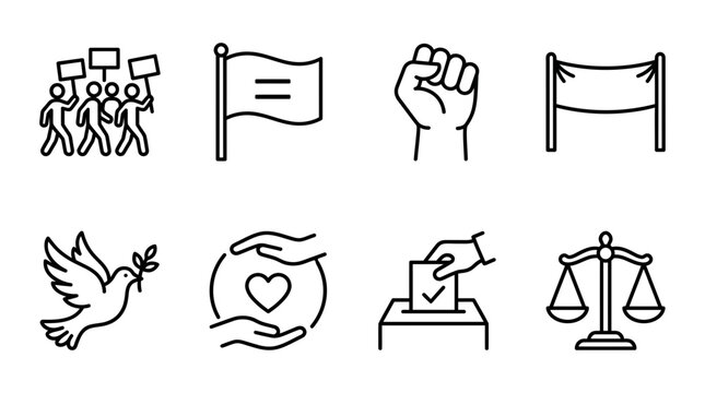 A collection of clean line art vector graphic icons representing social justice and human rights themes