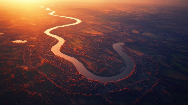 Golden Hour Aerial View of a Winding River Flowing Through Autumnal Valleys