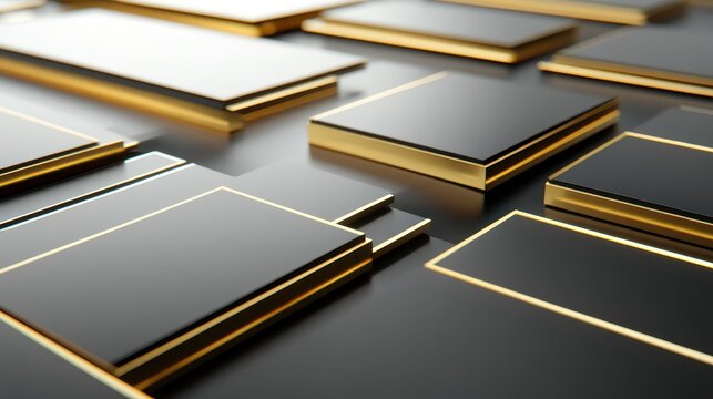 Geometric gold and black abstract shapes with clean lines and reflective surfaces, representing luxury and modern design