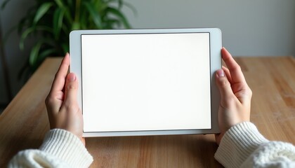Naklejka premium Person holds white tablet computer in hands. Blank screen for content creation or watching videos. Cozy indoor setting with plant background and wooden table.