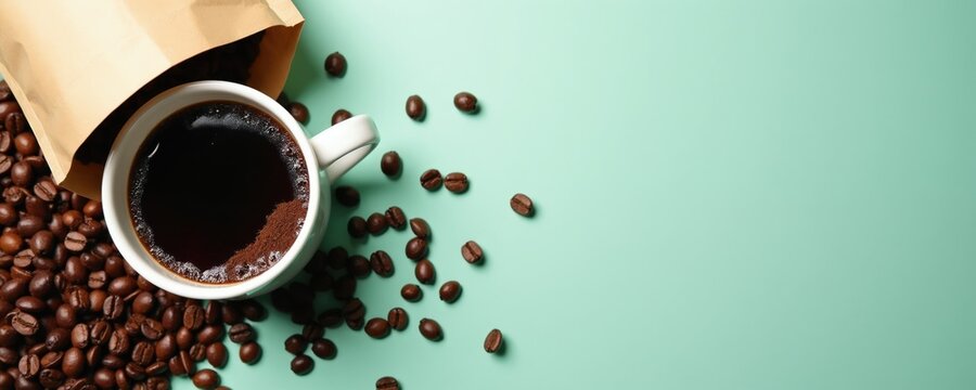 Hot coffee in white cup with brown paper bag, scattered beans on mint background. Morning brew, caffeine fix, aroma of roasted beans. Freshly ground coffee, rich dark beverage, energizing start to