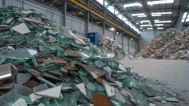 Large Glass Shards and Metal Scrap in Recycling Factory Warehouse