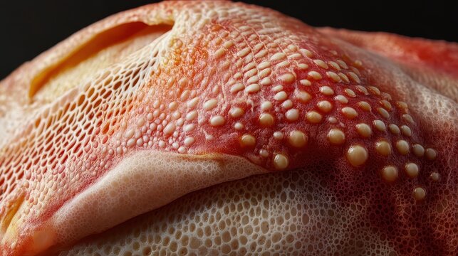 Macro photograph showcasing the intricate texture of ichthyosis affected human skin, highlighting abnormal cellular structure and surface details.