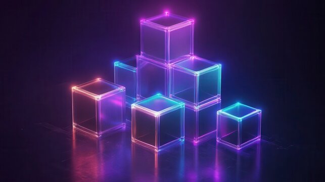 Glowing Transparent Cubes Stacked with Dynamic Neon Lights Representing Artificial Intelligence and Machine Learning