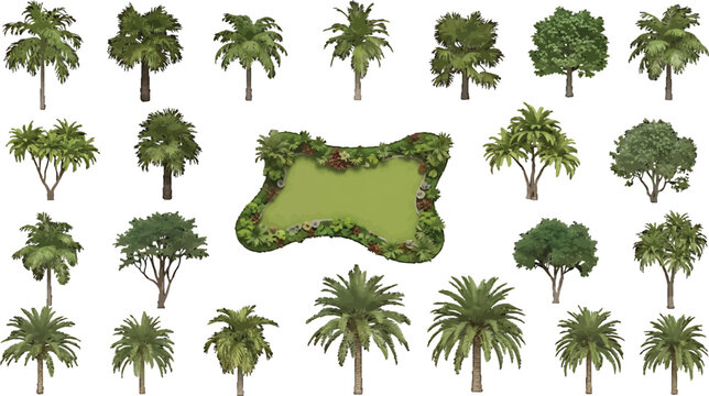 Collection of various tropical palm trees and deciduous trees with a central garden pond vector illustration