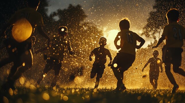 Children playing soccer at sunset with dramatic backlight and water splash effect