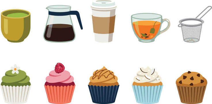 Coffee Shop and Cafe Dessert Vector Icon Set with Matcha, Espresso Carafe, Cupcakes, Herbal Tea, and Chocolate Muffin Illustrations